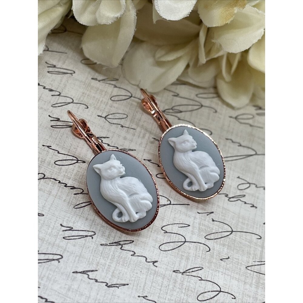 Boutique French Wire Cameo Earring Wedding BIRTHDAY Blue Cat Kitten Rose Gold